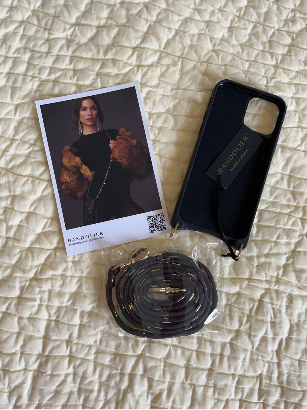 Bandolier Black Leather Phone Case with Gold Hardware and Strap